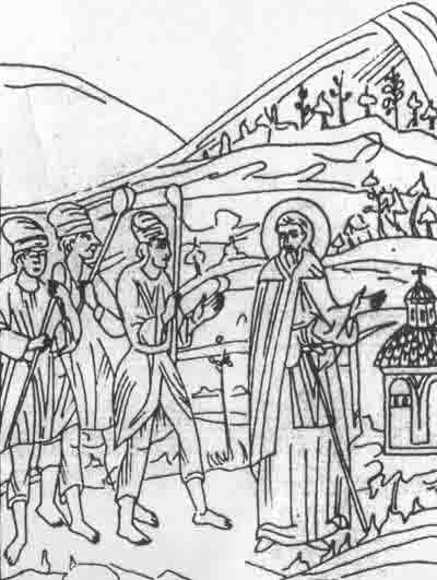 Прорисовка стенописи на рис. 1: богомилы пытаются прогнать святого Наума.